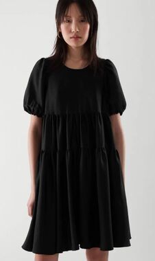 COS Black Satin Tiered Dress Women’s Size 2 Puff Sleeve Knee Length Short LBD